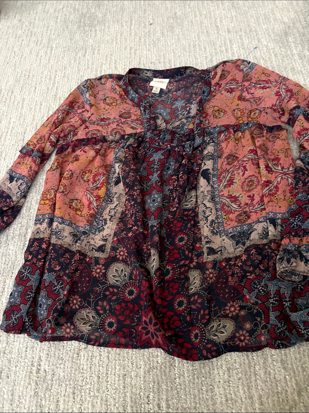 Knox Rose Patchwork Floral Peasant Blouse in Burgundy and Pink